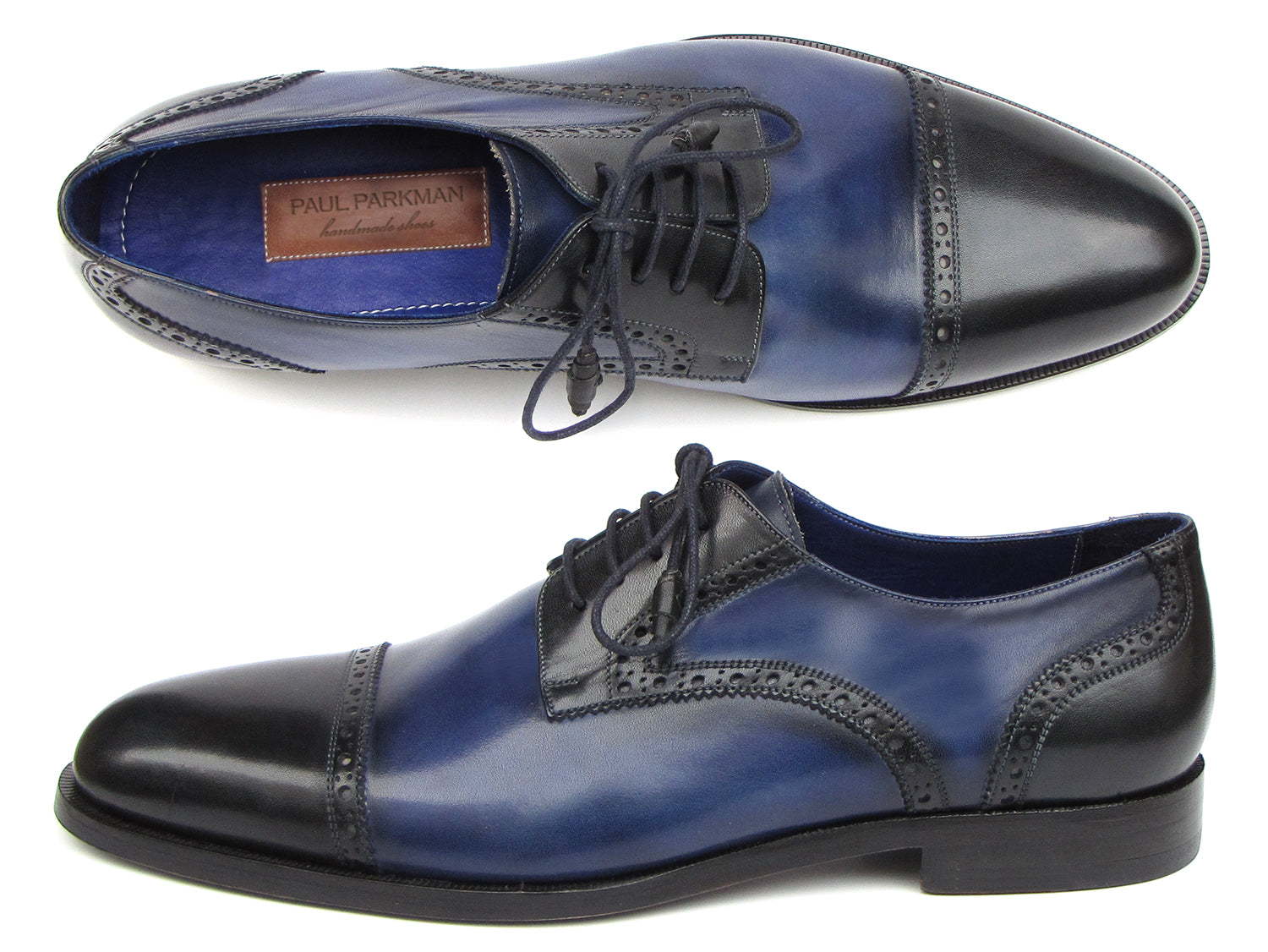 Paul Parkman Men's Parliament Blue Derby Shoes featuring hand-painted leather upper and antique burnished sole.